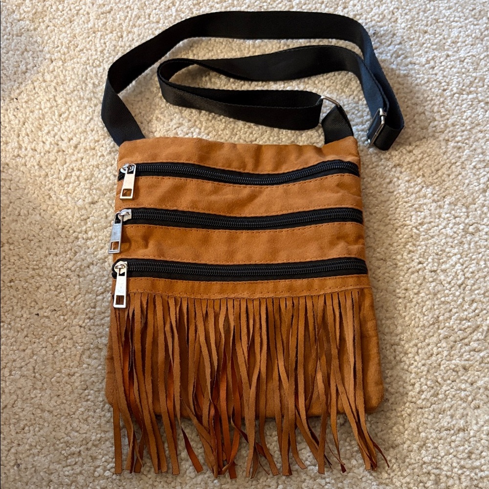 Faux Brown Suede Boho Style Bag with Fringe & Adjustable Crossbody/ShoulderStrap
